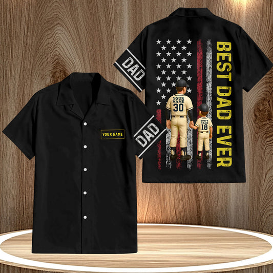 Black personalized best dad ever shirt with custom names and baseball player design on back