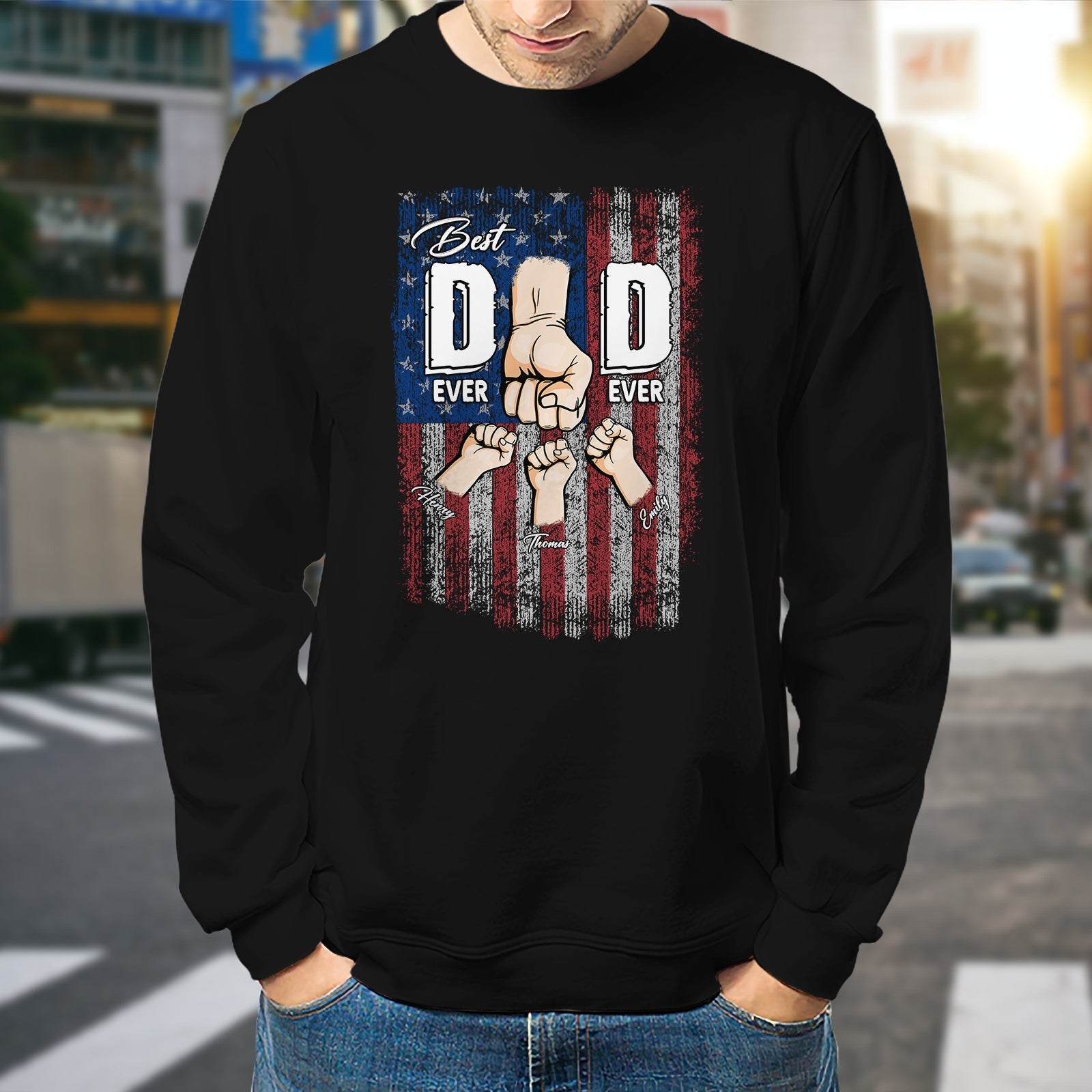 Black personalized best dad ever shirt with American flag and fists graphic design