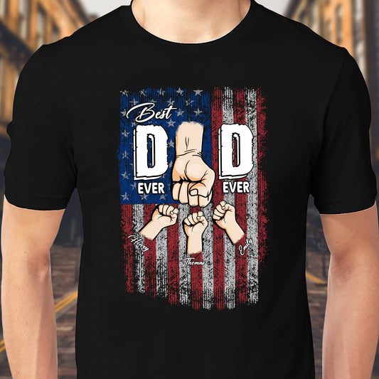 Black personalized best dad ever shirt with American flag and fist bump design