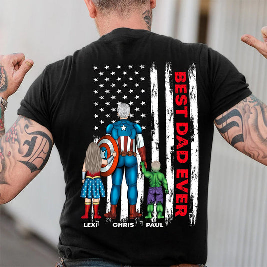 Black personalized Best Dad Ever shirt with superhero design and three children's names on back