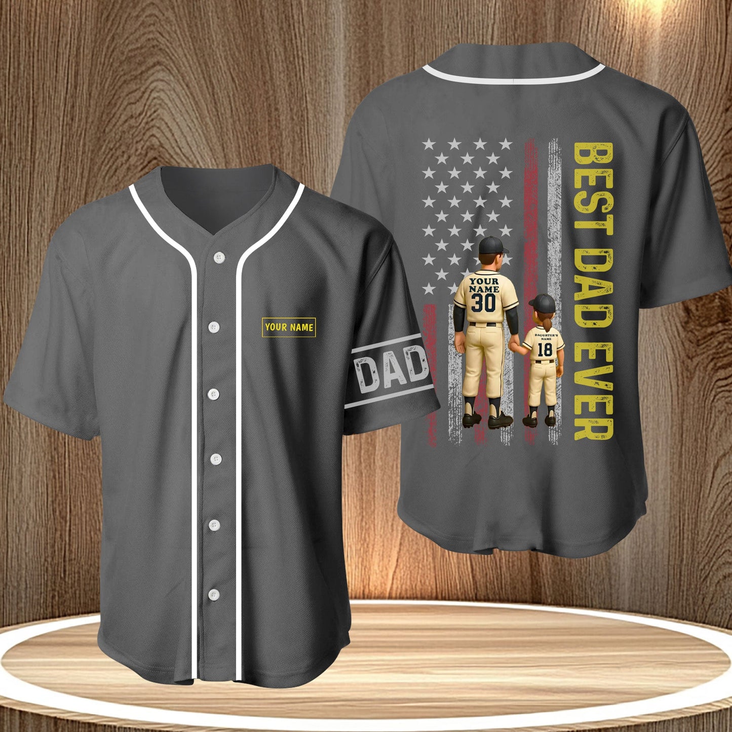 Gray personalized best dad ever shirt with baseball design and customizable name and number