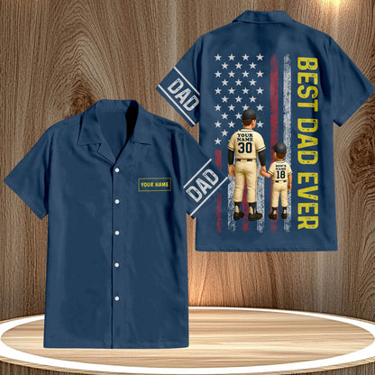 Personalized best dad ever shirt navy blue with baseball dad and child design and American flag