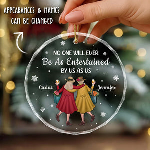 Personalized best friend Christmas ornament featuring two women with customizable names and a festive design