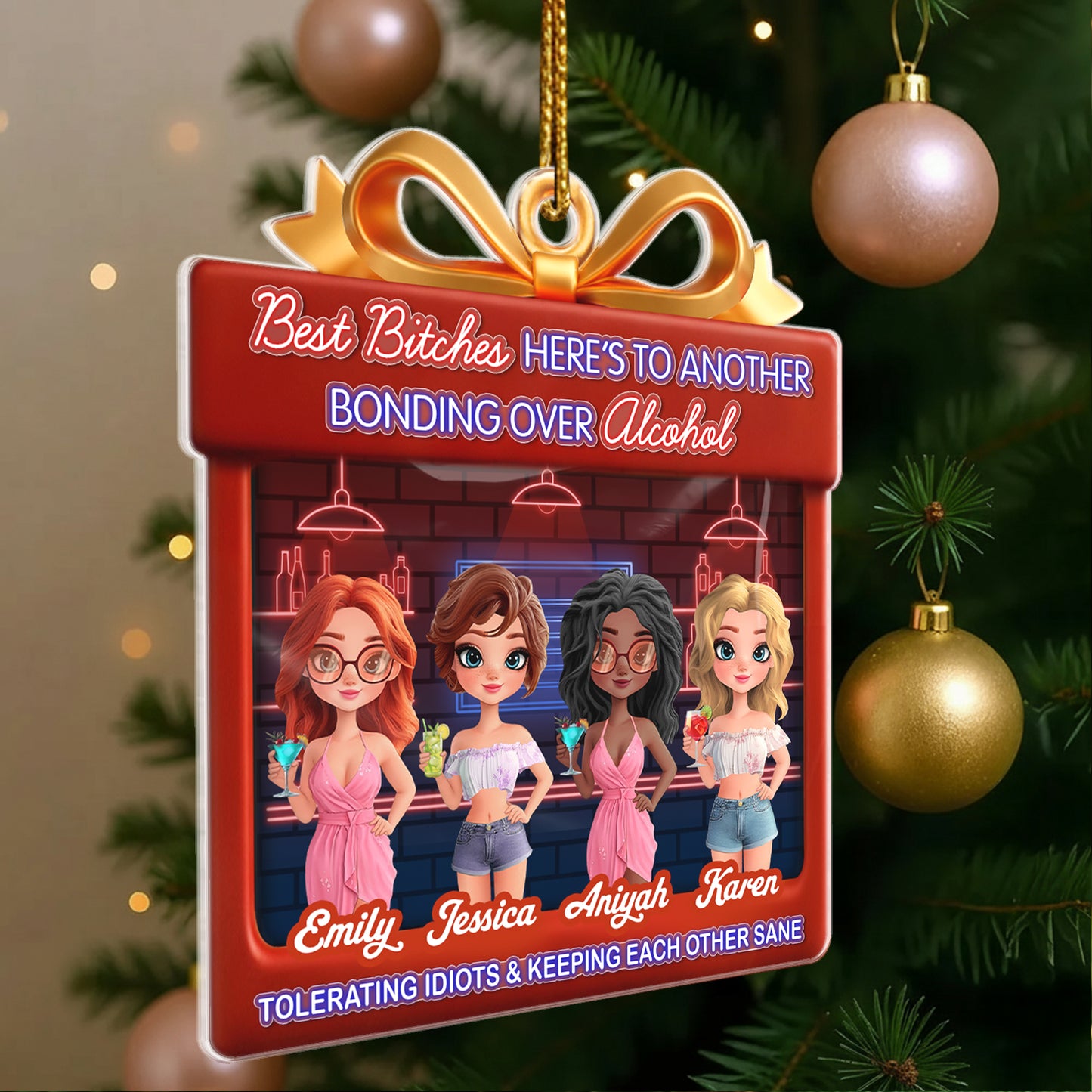 Personalized best friend Christmas ornament featuring stylish characters celebrating friendship and fun times