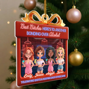 Personalized best friend Christmas ornament featuring stylish characters celebrating friendship and fun times