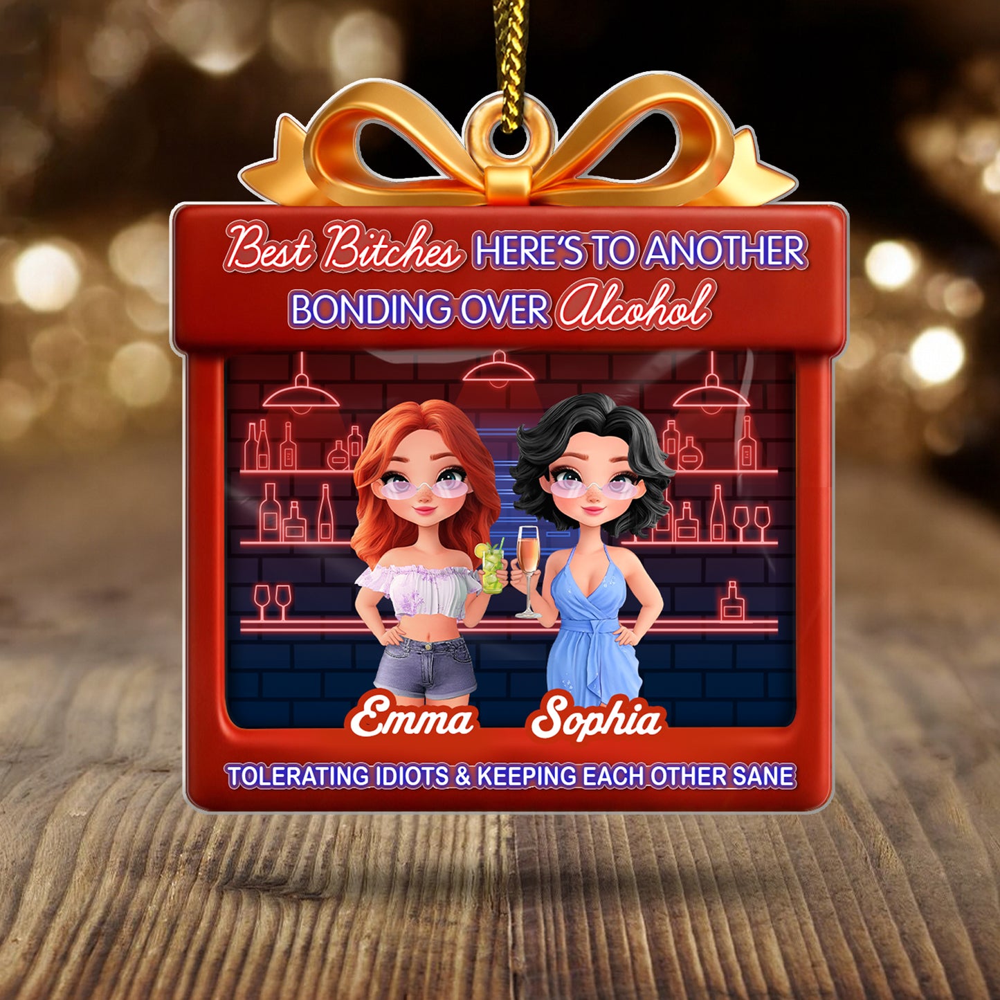 Personalized best friend Christmas ornament featuring two friends celebrating in a bar setting