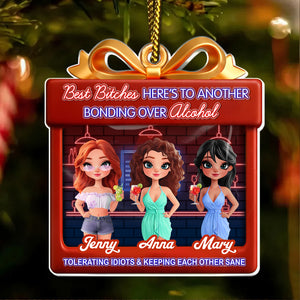 Personalized best friend Christmas ornament featuring three friends with drinks and a fun quote