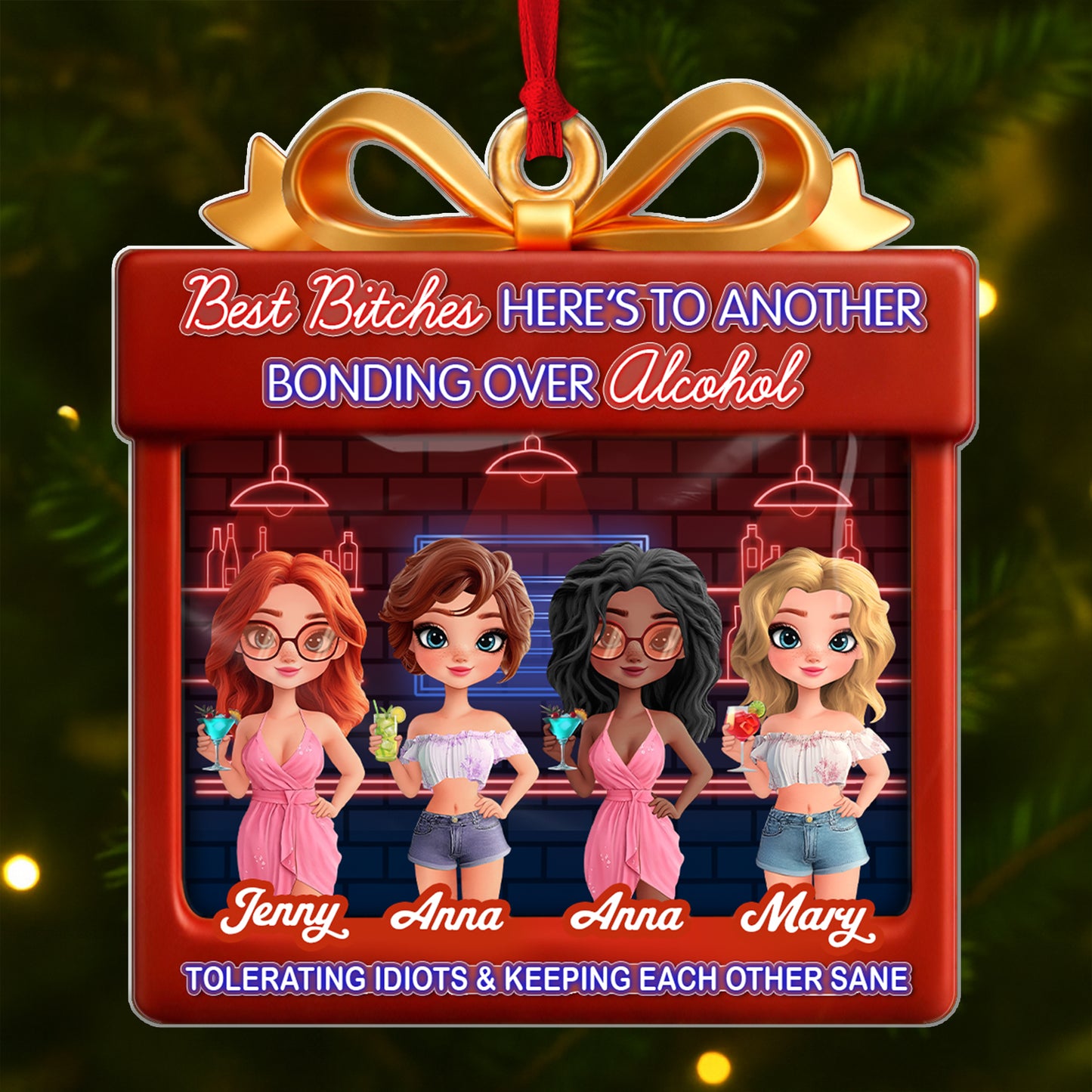 Personalized best friend Christmas ornament featuring four characters celebrating friendship with drinks