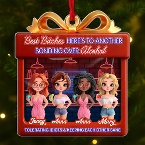 Personalized best friend Christmas ornament featuring four characters celebrating friendship with drinks