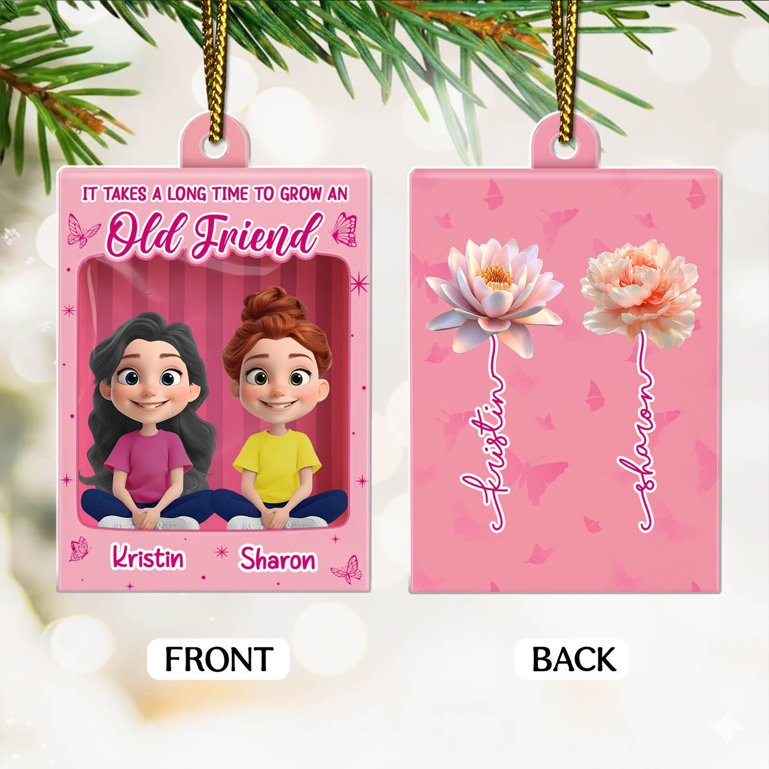 Personalized best friend Christmas ornament featuring two animated characters with names Kristin and Sharon