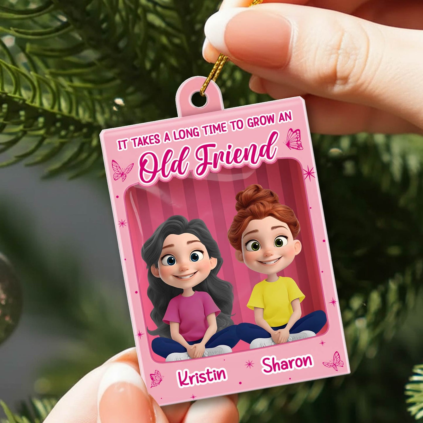 Personalized best friend Christmas ornament featuring cartoon characters and names Kristin and Sharon