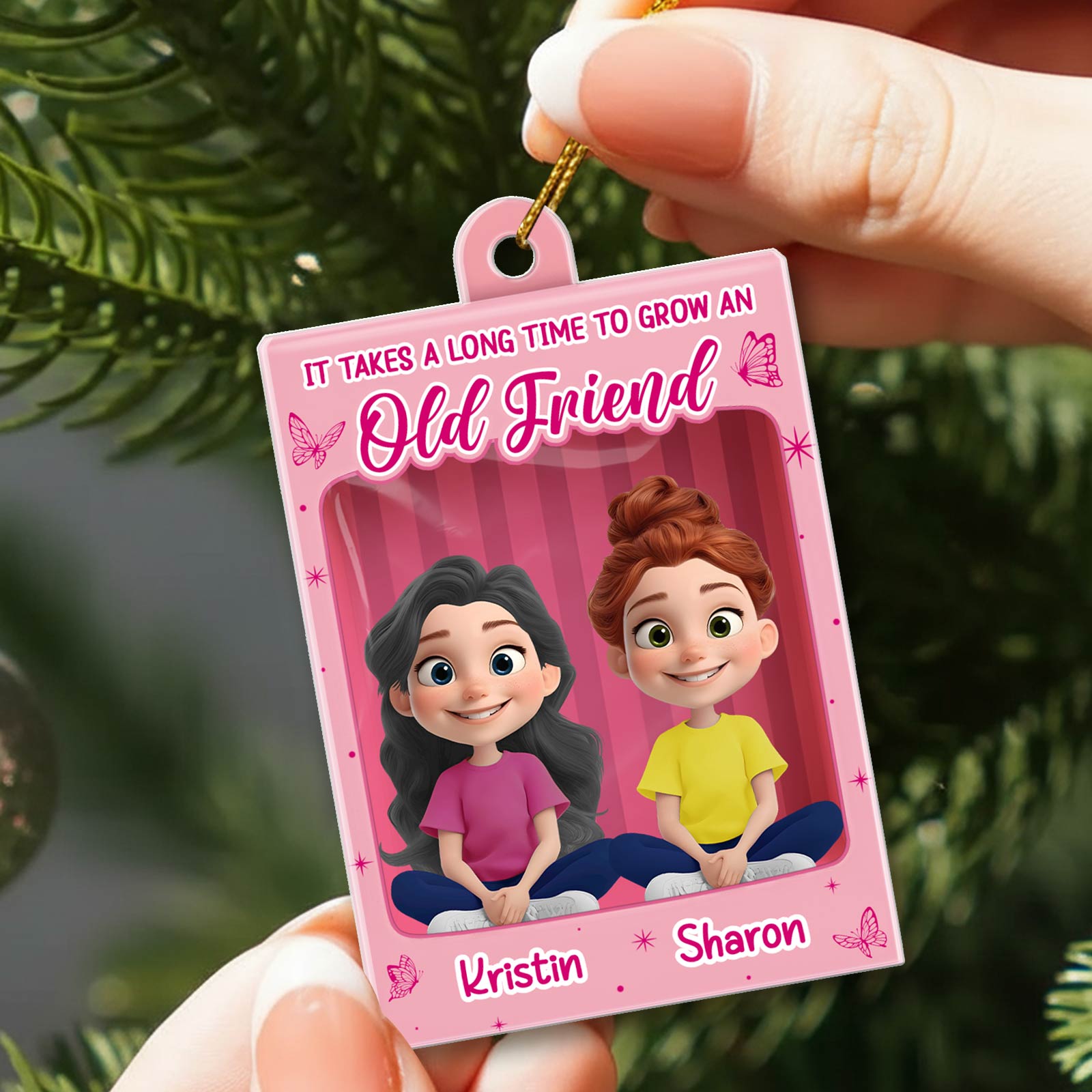 Personalized best friend Christmas ornament featuring cartoon characters and names Kristin and Sharon