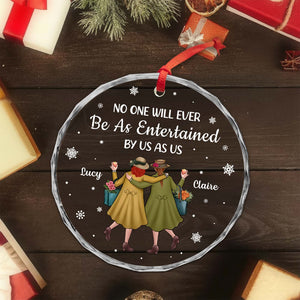 Personalized best friend Christmas ornament featuring names Lucy and Claire with festive design