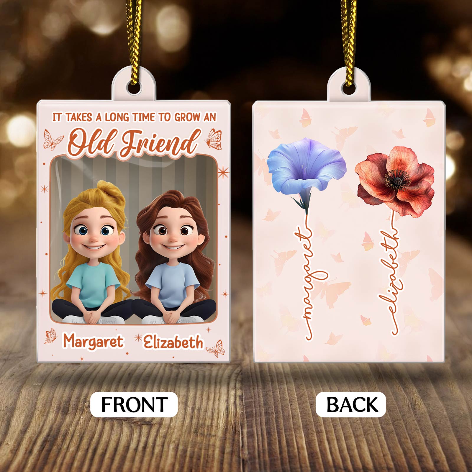 Personalized best friend Christmas ornament featuring two friends with floral designs and custom names