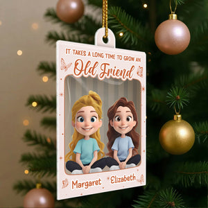 Personalized best friend Christmas ornament featuring two girls with names Margaret and Elizabeth