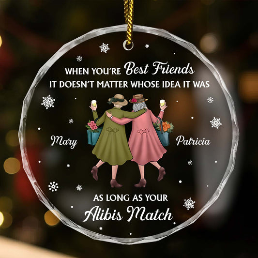Personalized best friend Christmas ornament featuring two friends holding flowers with a heartfelt message