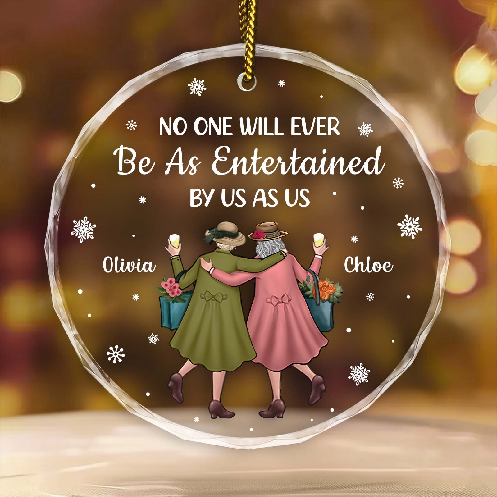 Personalized best friend Christmas ornament featuring two friends holding hands in festive attire
