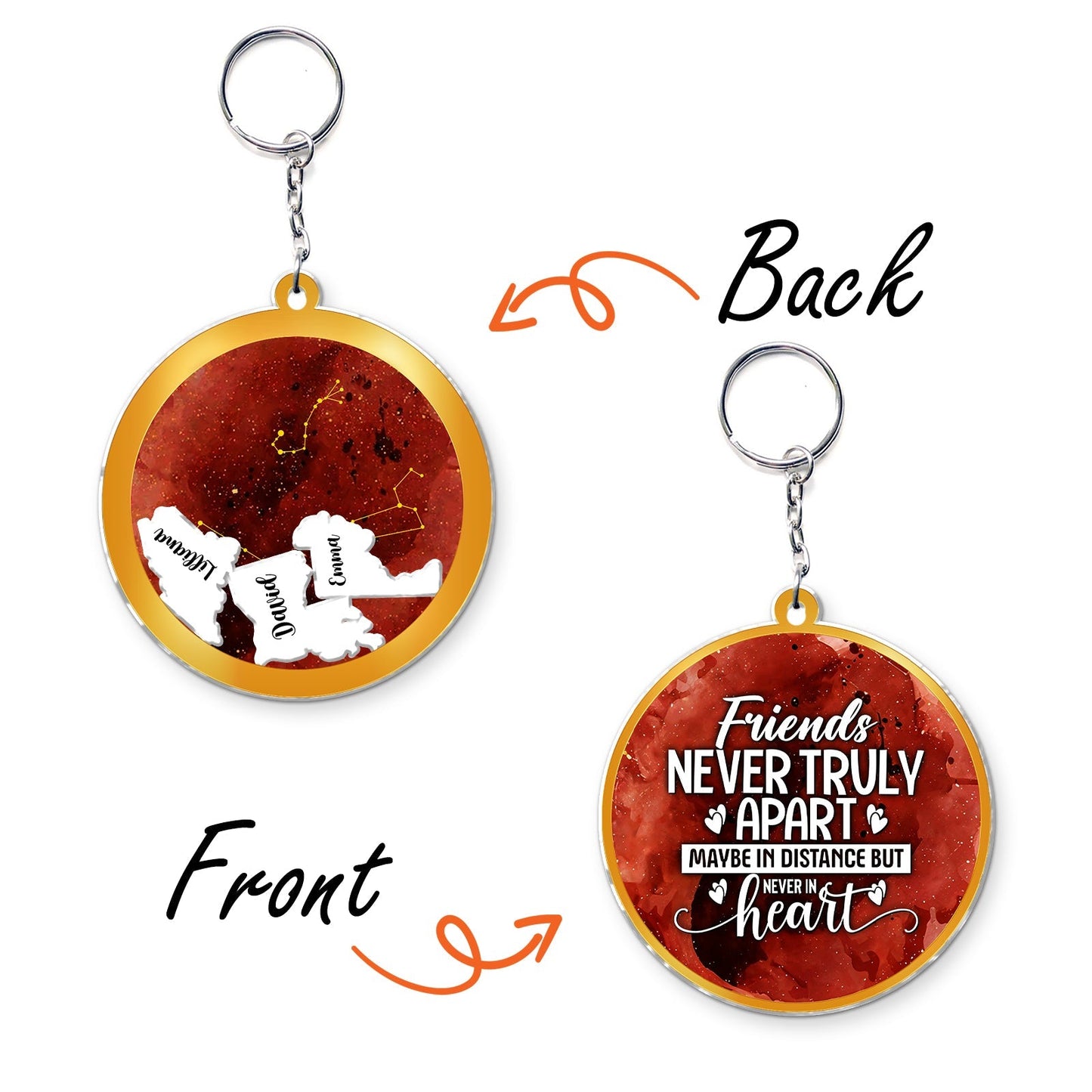 Personalized best friend keychain featuring heartfelt messages on front and back with a stylish design