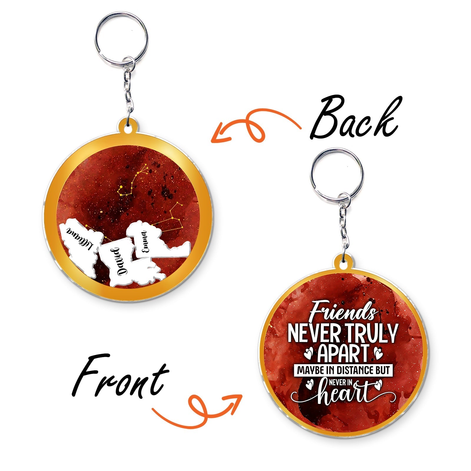 Personalized best friend keychain featuring heartfelt messages on front and back with a stylish design