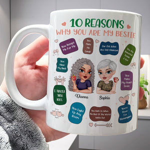 Personalized best friend mug featuring reasons why you are my bestie with cute cartoon characters