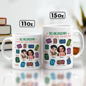 Personalized best friend mug featuring 10 reasons why you are my bestie in fun graphics