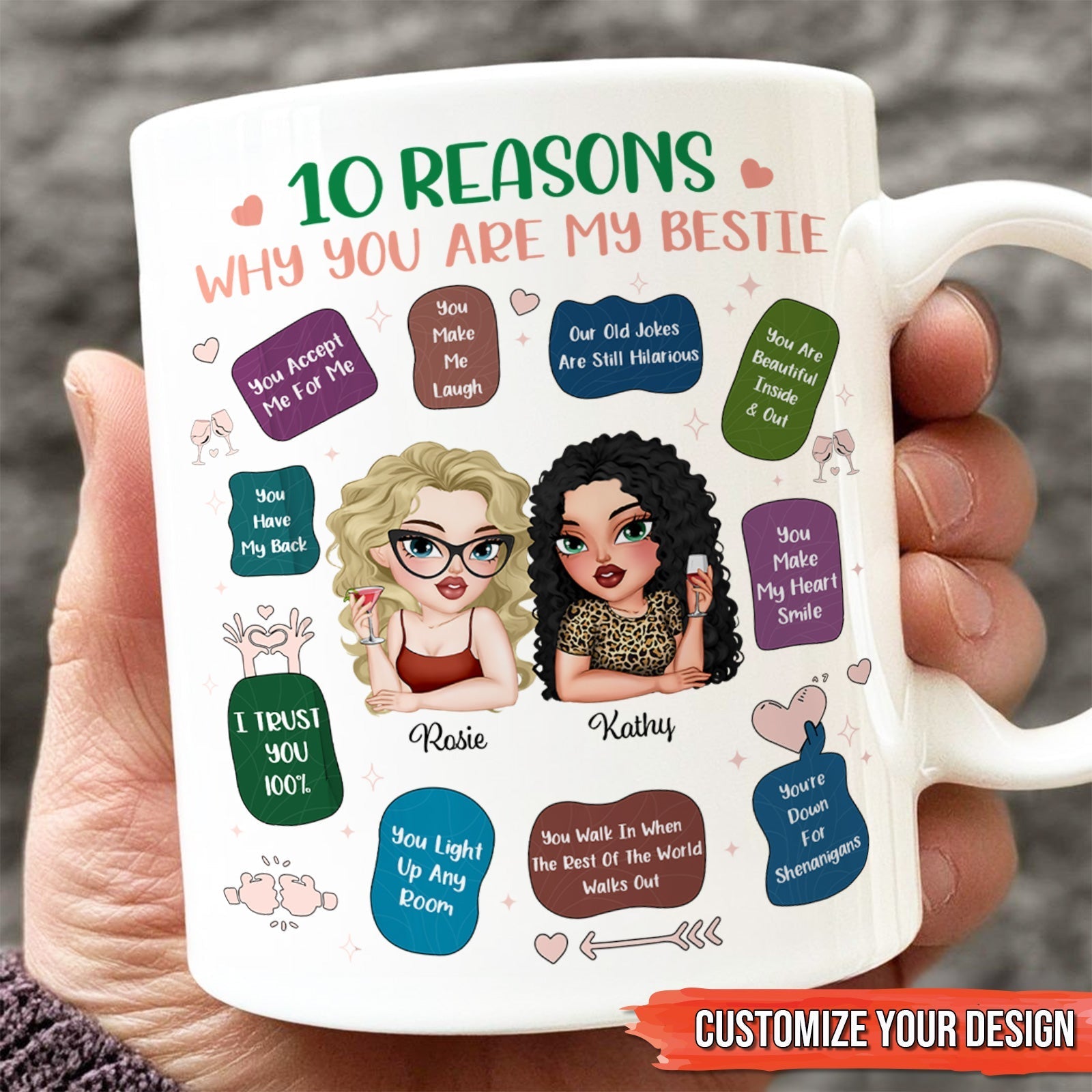 Personalized best friend mug with 10 reasons showcasing friendship and customization options