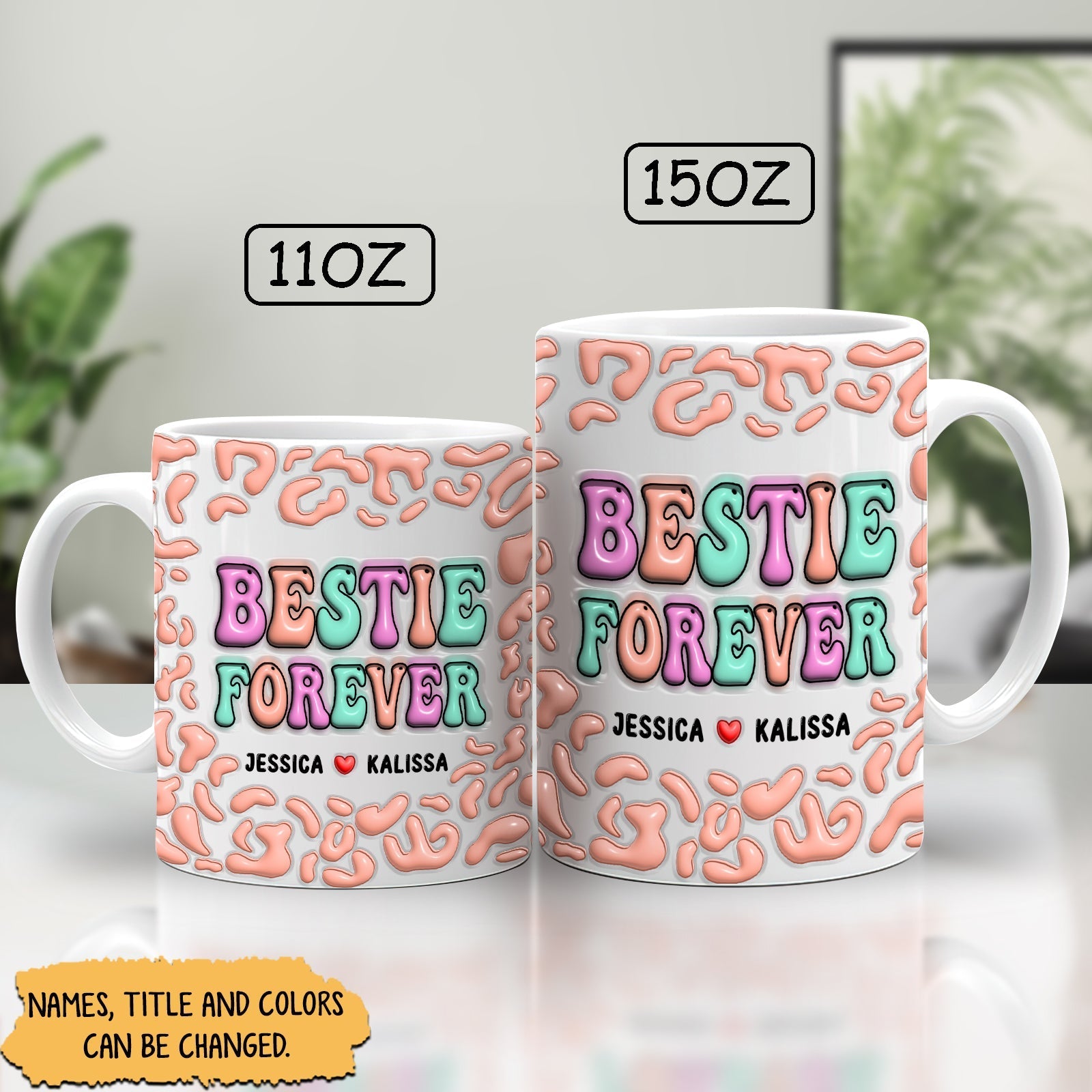 Personalized best friend mug set featuring colorful text and customizable names for friendship gifts