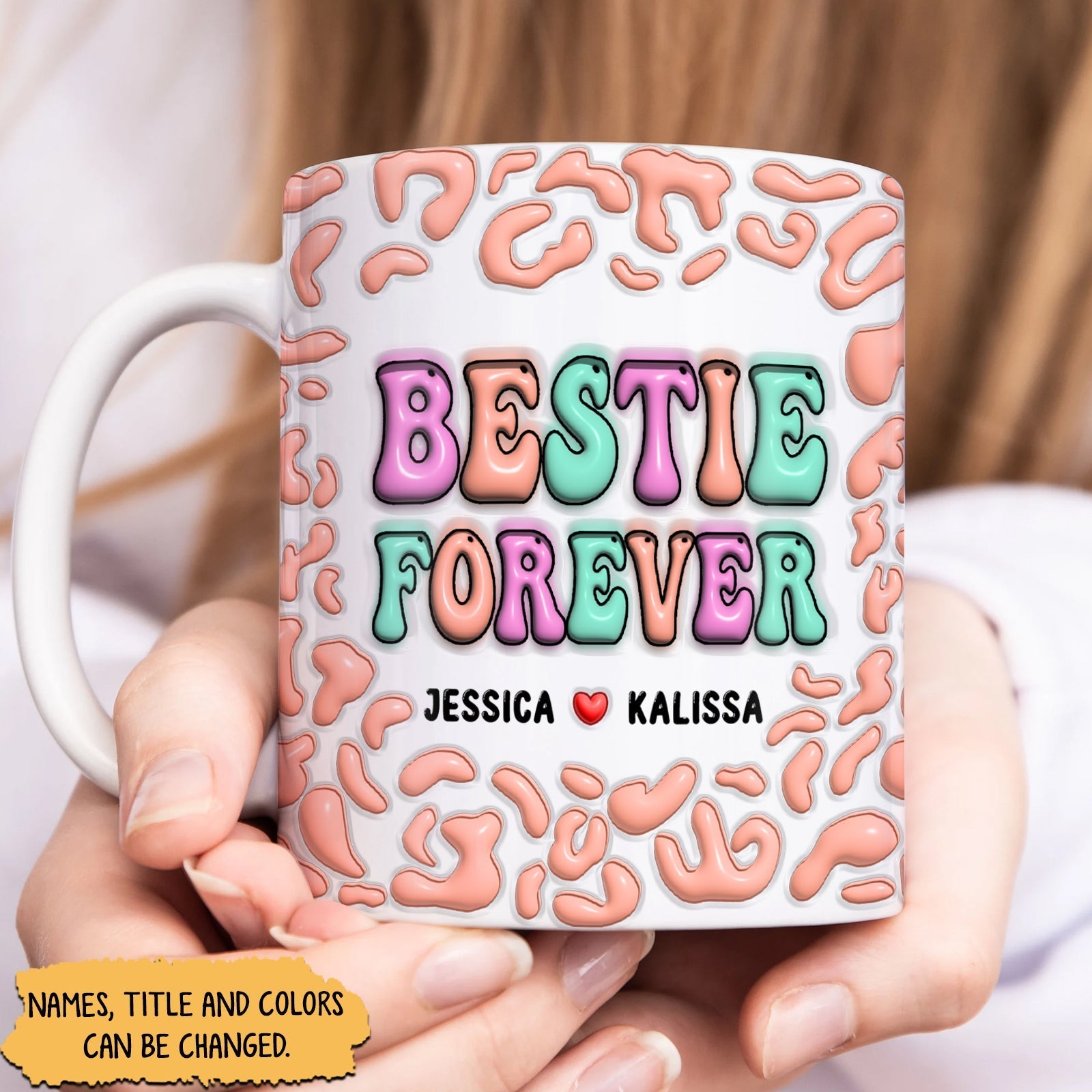 Personalized best friend mug featuring the text Bestie Forever with customizable names and colorful design