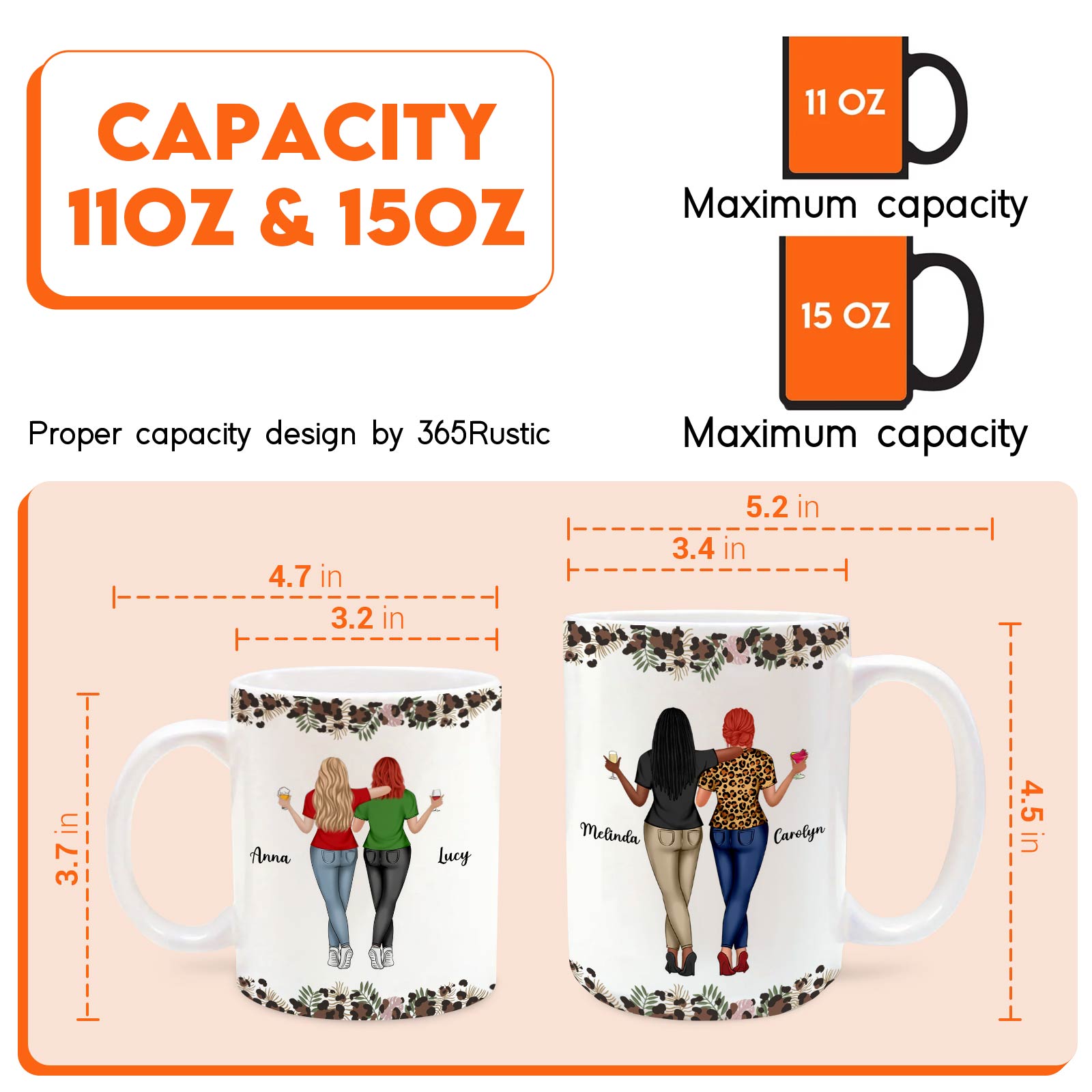 Personalized best friend mug featuring diverse characters with names printed on both sides