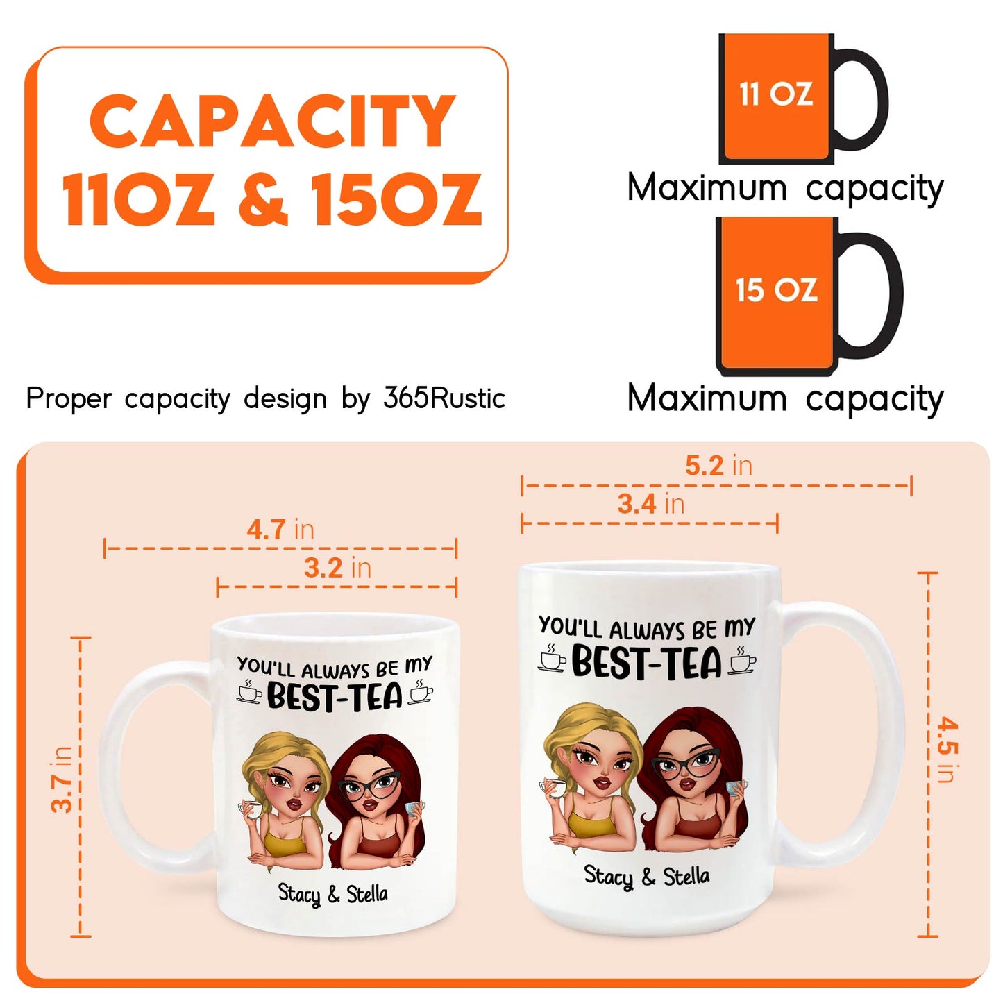 Personalized best friend mug featuring two friends and text saying you'll always be my best-tea