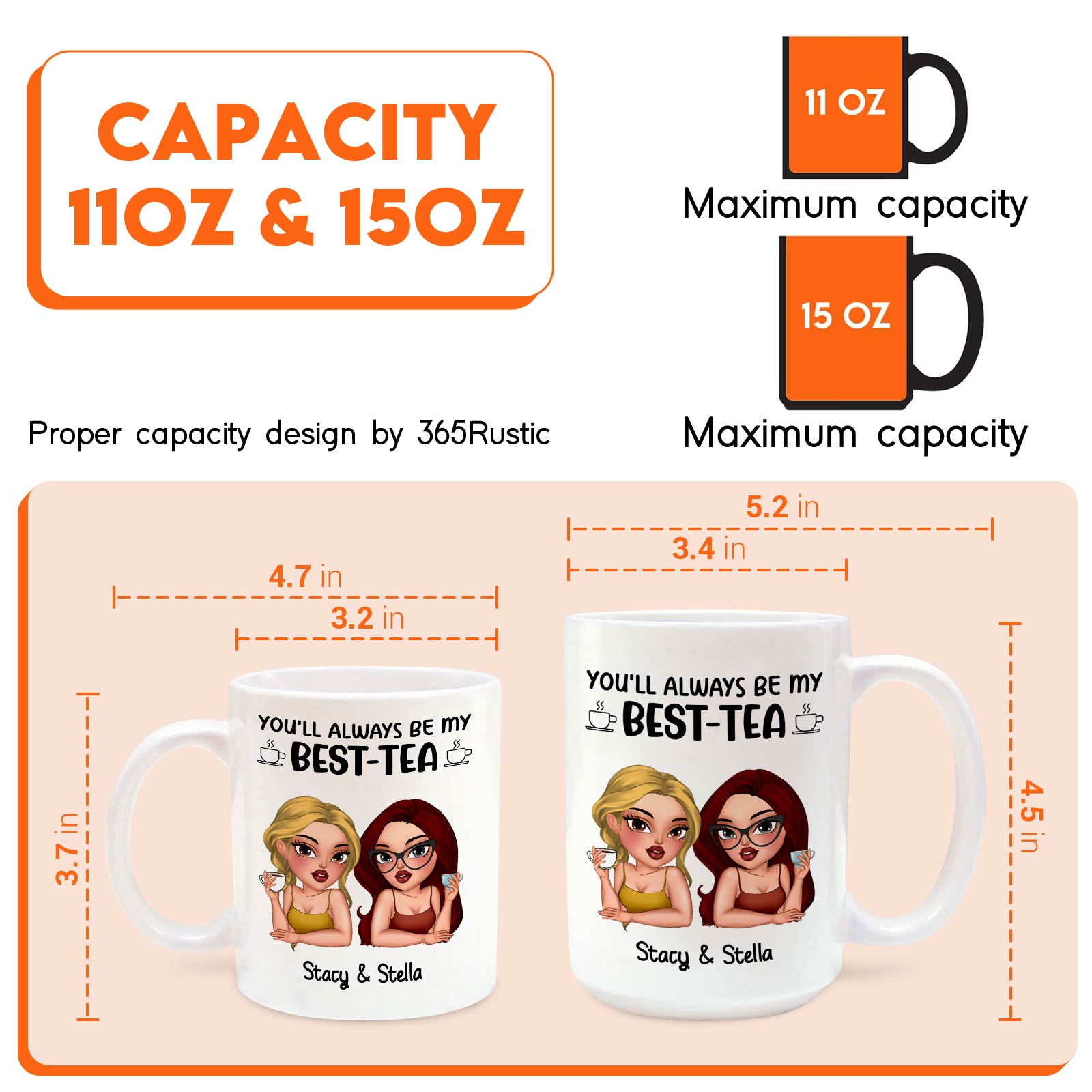 Personalized best friend mug featuring two friends and text saying you'll always be my best-tea