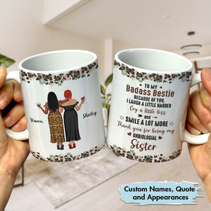 Two personalized best friend mugs featuring custom names and quotes for gifting to best friends