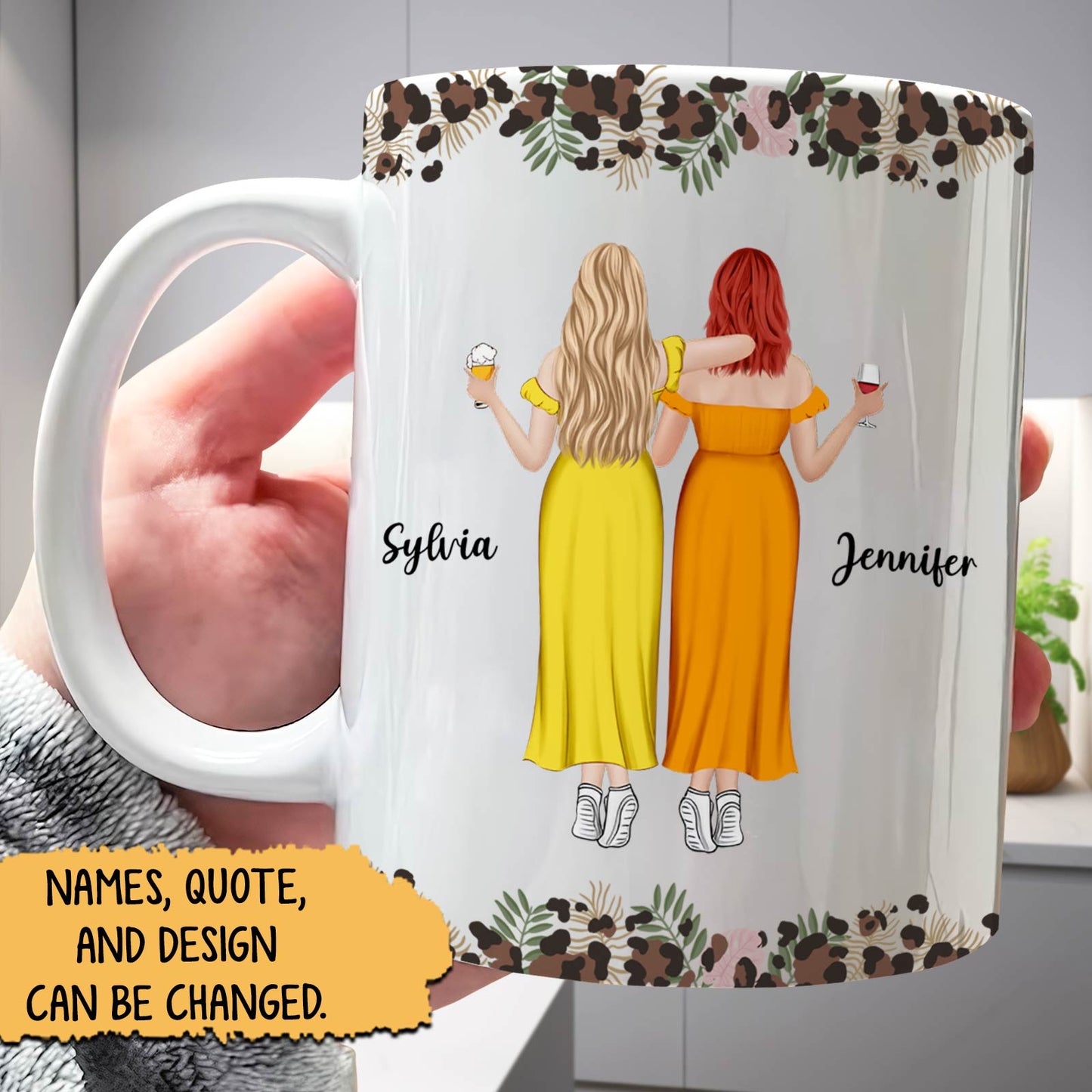 Personalized best friend mug featuring custom names and a design with two friends in bright dresses