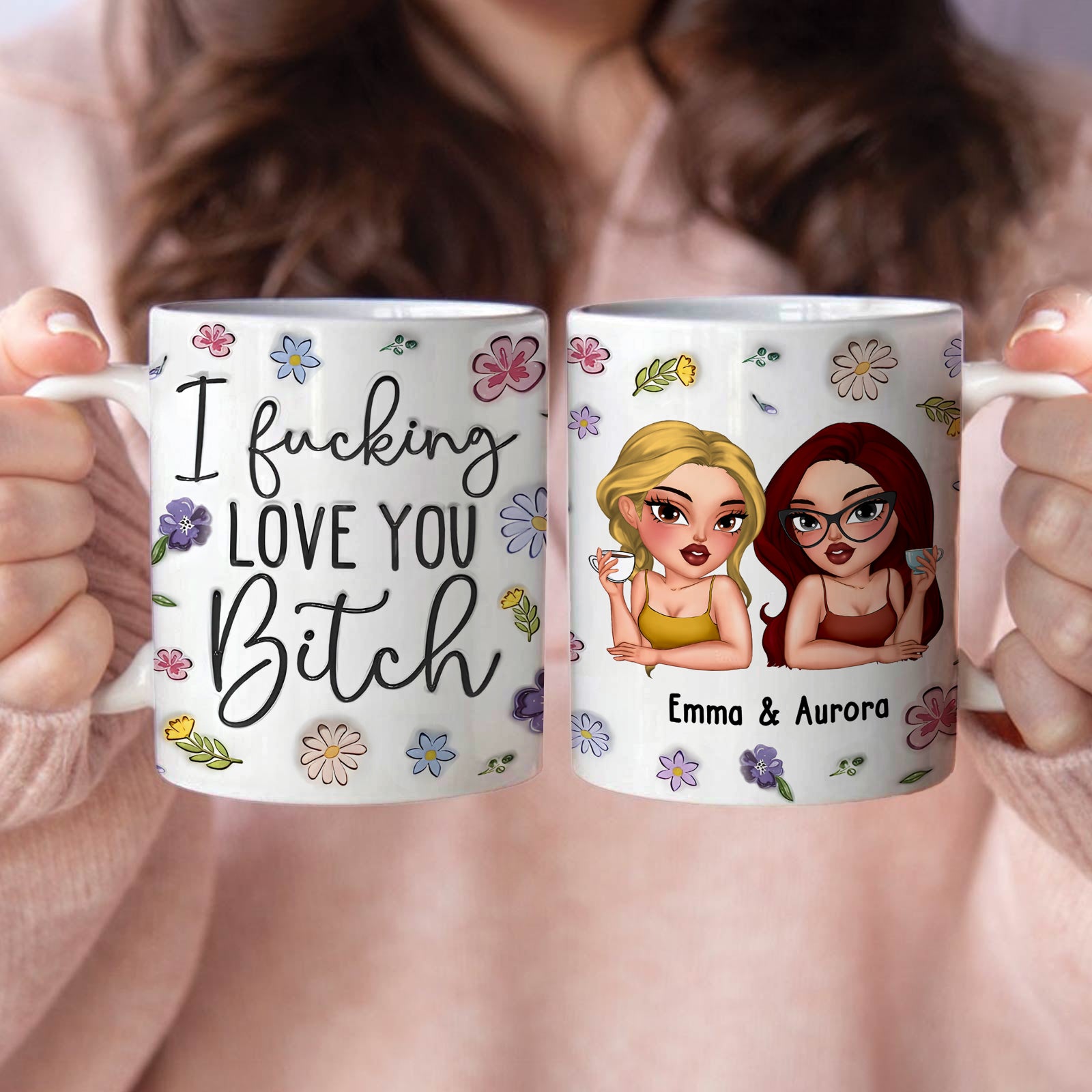 Personalized best friend mug featuring fun cartoon illustrations and a heartfelt message