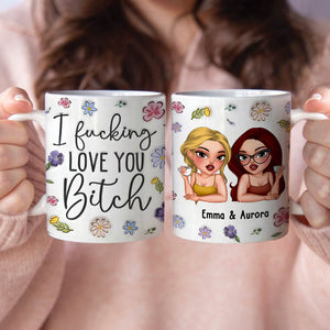 Personalized best friend mug featuring fun cartoon illustrations and a heartfelt message
