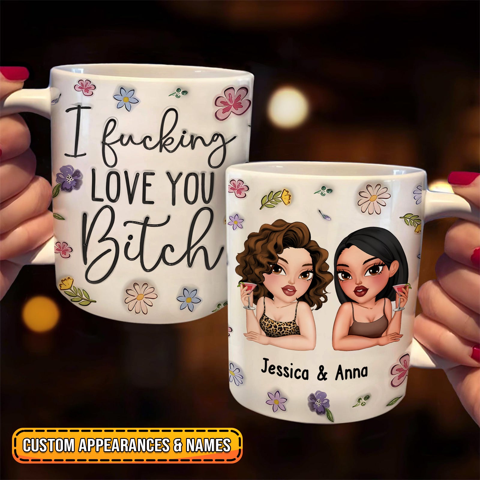 Personalized best friend mug featuring custom names and a fun design with floral accents