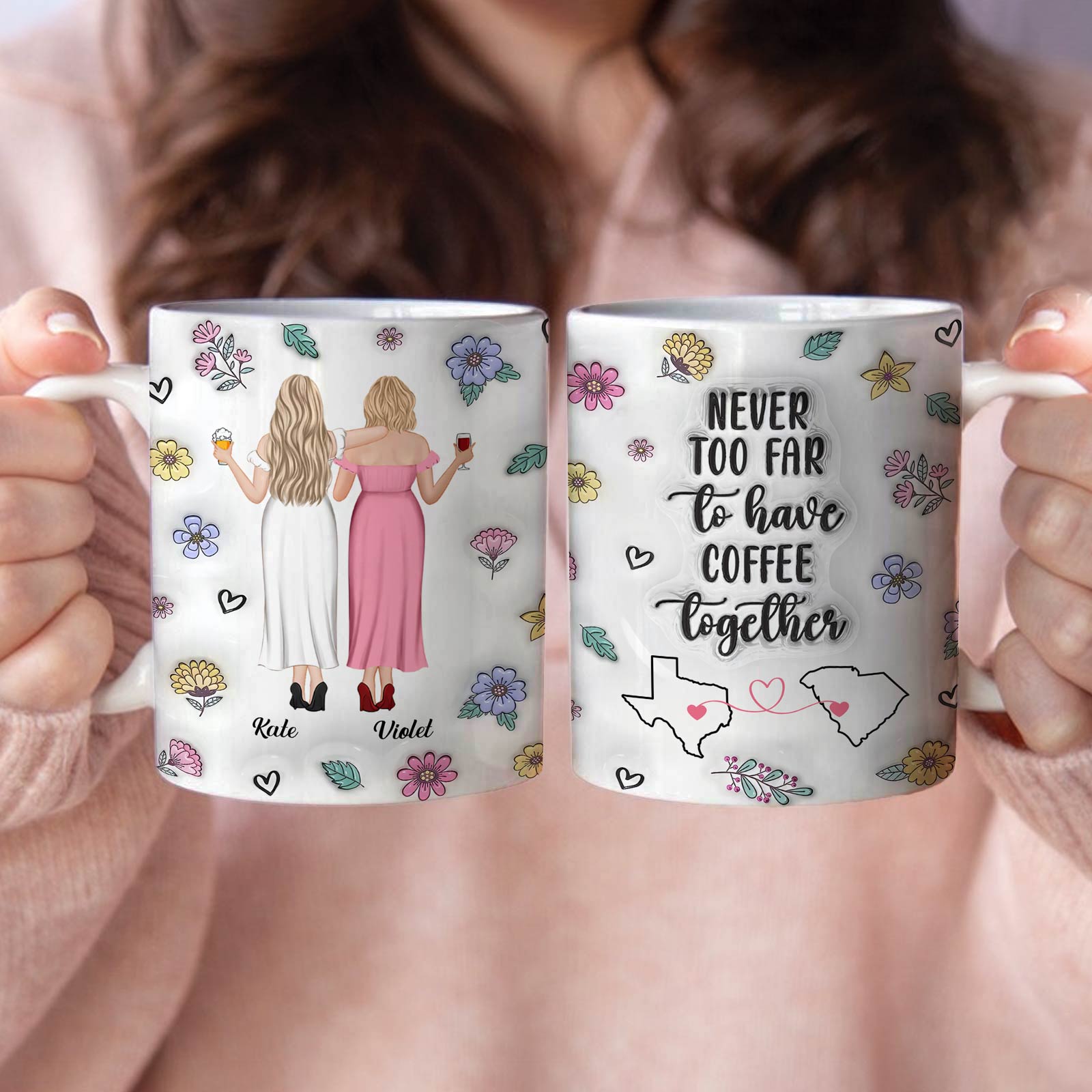 Personalized best friend mug featuring two women holding drinks with a heartfelt message and floral designs