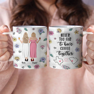 Personalized best friend mug featuring two women holding drinks with a heartfelt message and floral designs
