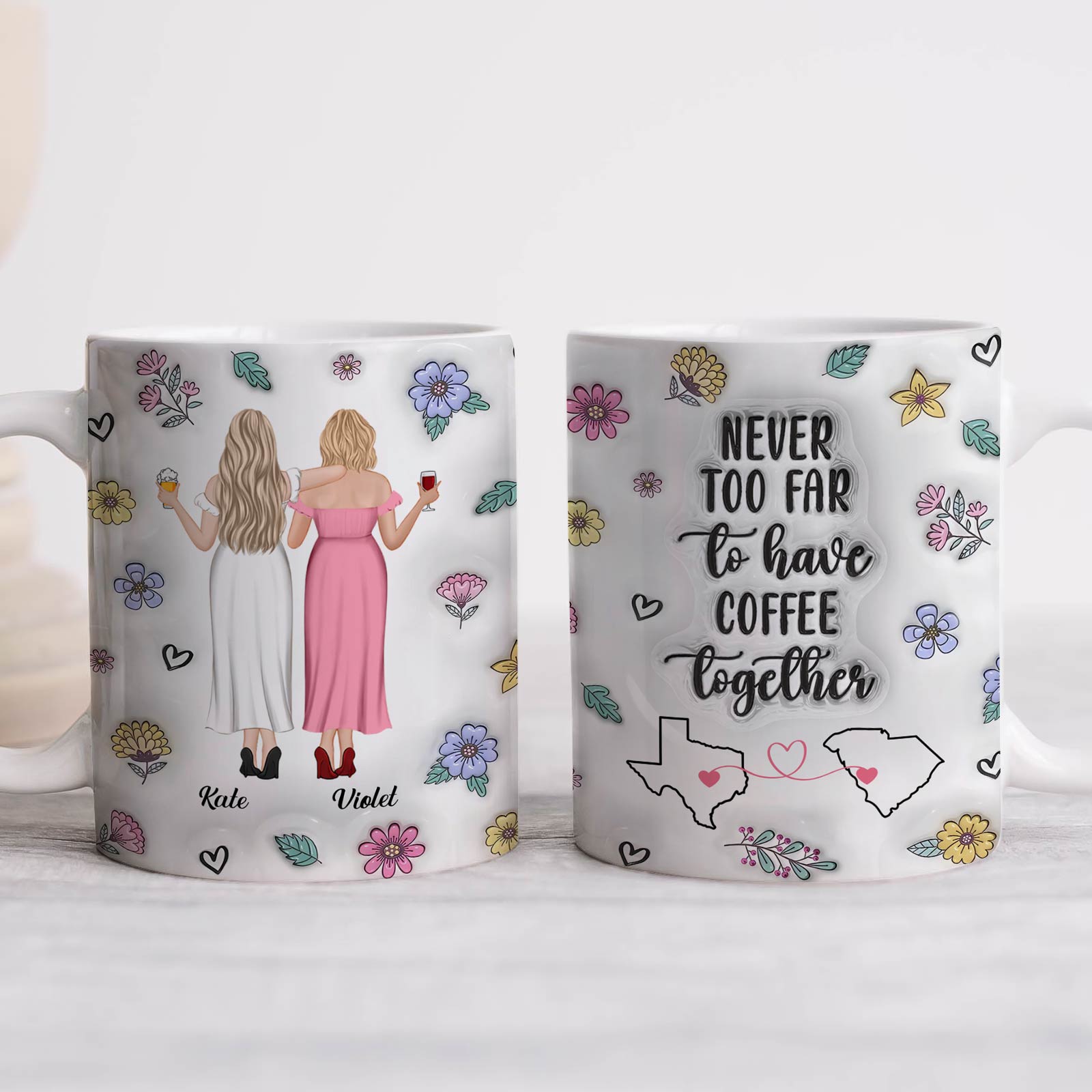 Personalized best friend mug featuring two women with flowers and a coffee quote for friendship