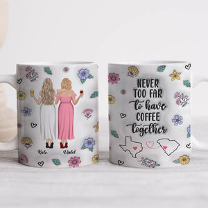 Personalized best friend mug featuring two women with flowers and a coffee quote for friendship