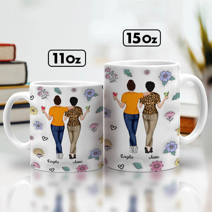 Personalized best friend mug featuring customizable names and illustrations in vibrant colors
