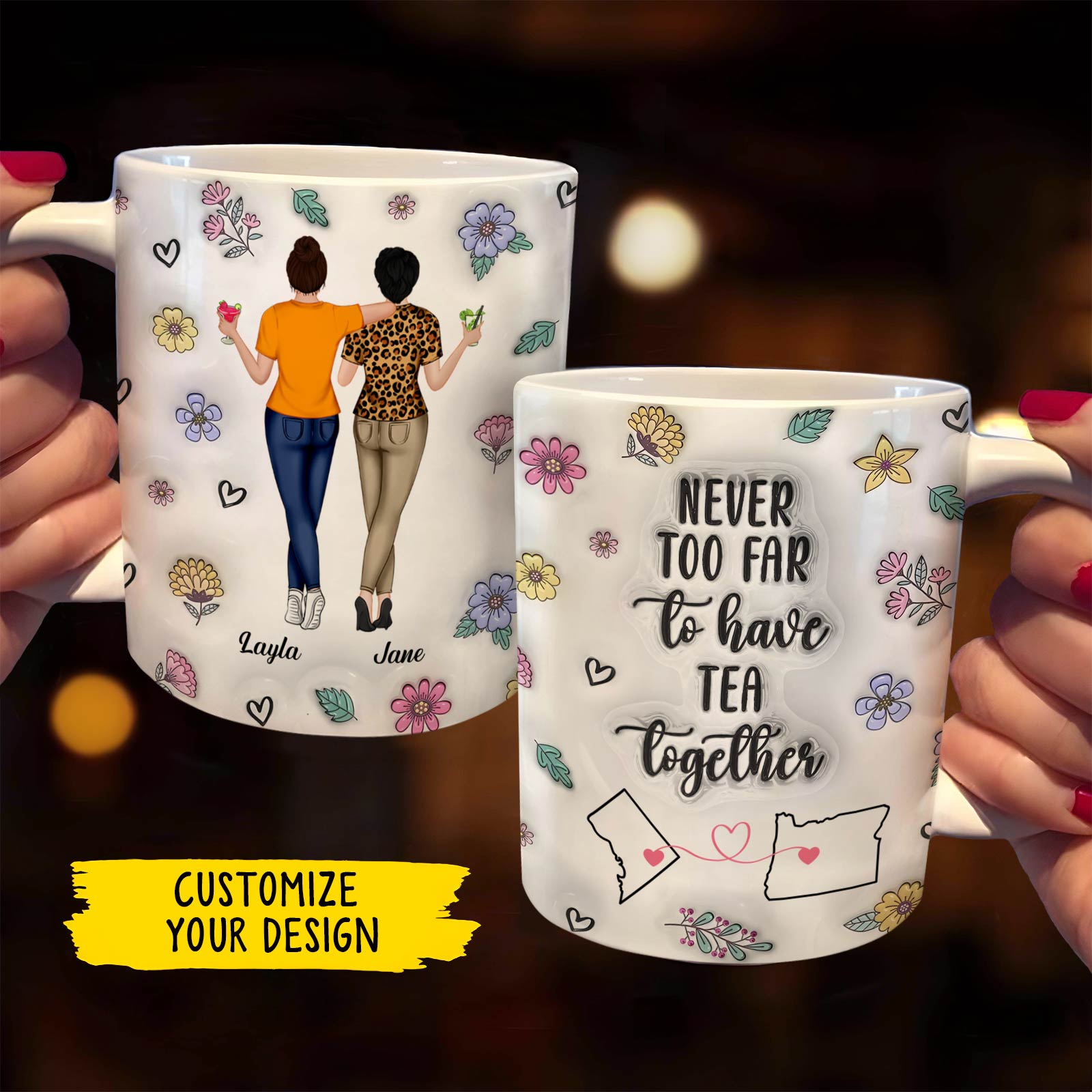 Personalized best friend mug featuring two women with floral designs and heartfelt tea quote
