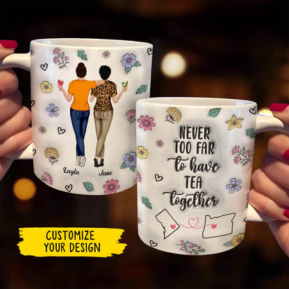 Personalized best friend mug featuring two women with floral designs and heartfelt tea quote