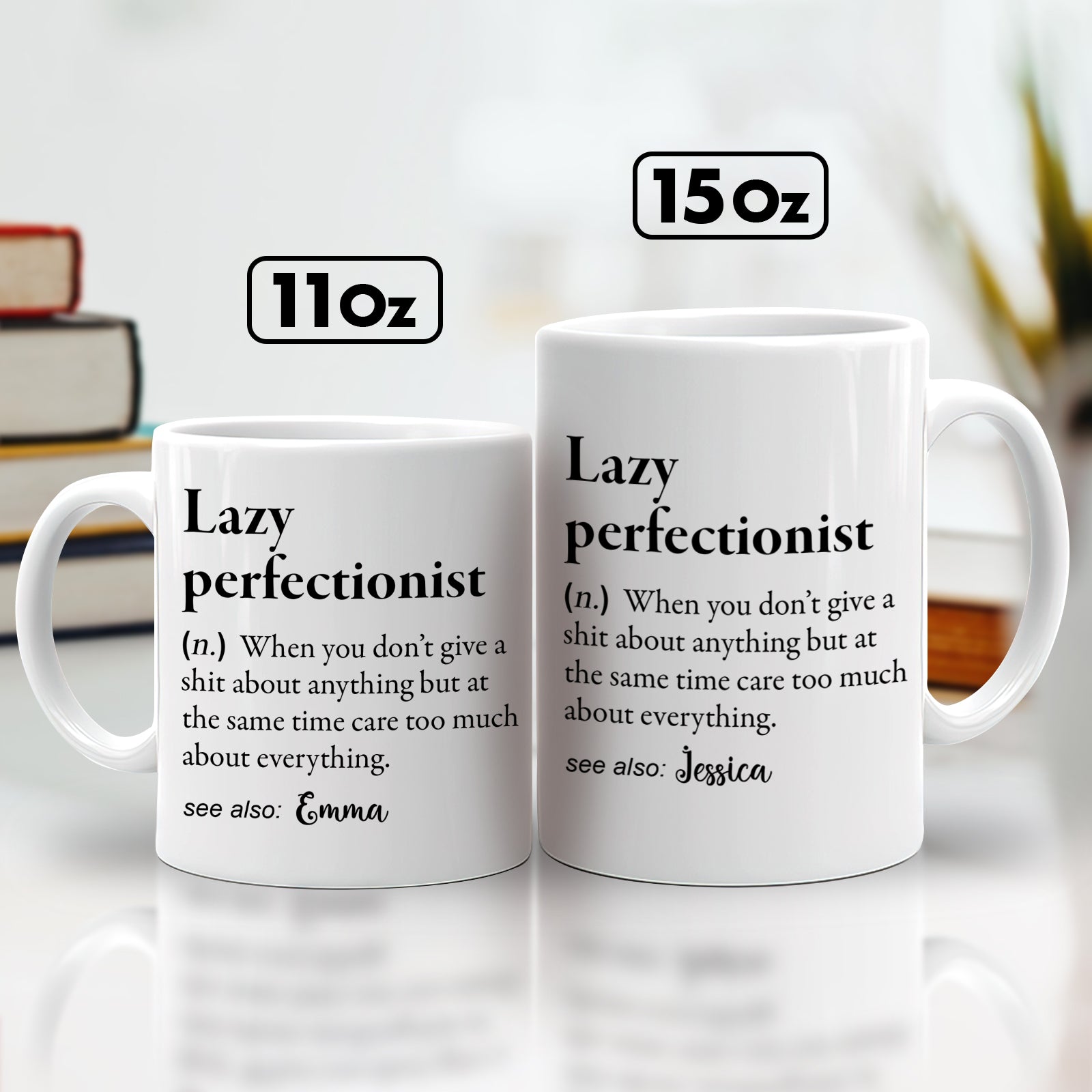 Personalized best friend mug featuring lazy perfectionist definition and customizable names