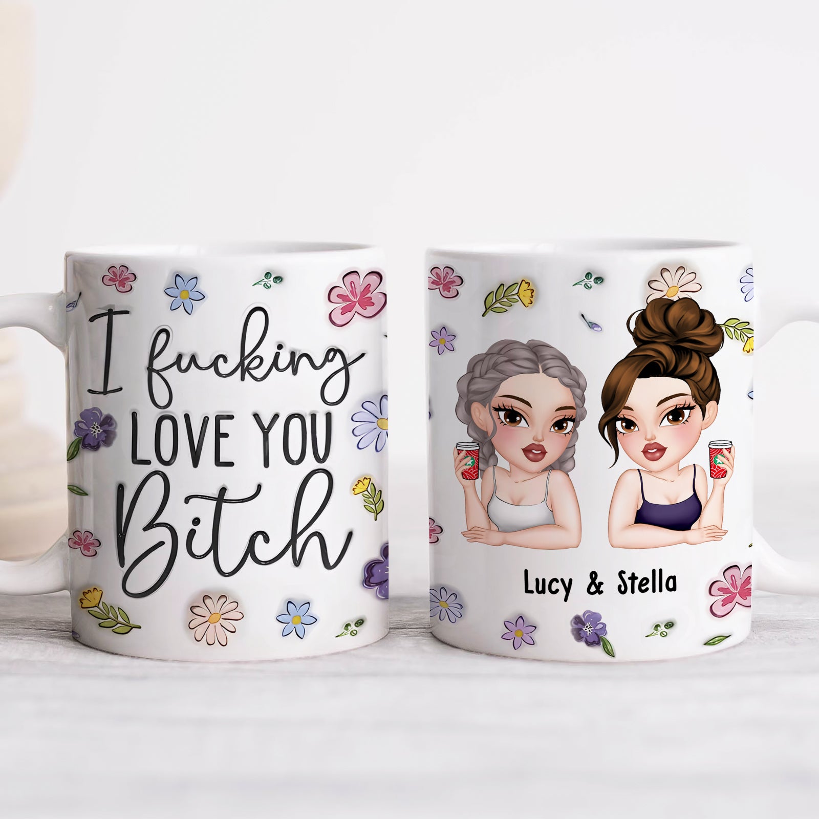 Personalized best friend mug featuring two cartoon characters with flowers and a fun message