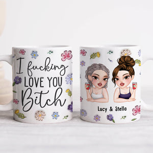 Personalized best friend mug featuring two cartoon characters with flowers and a fun message