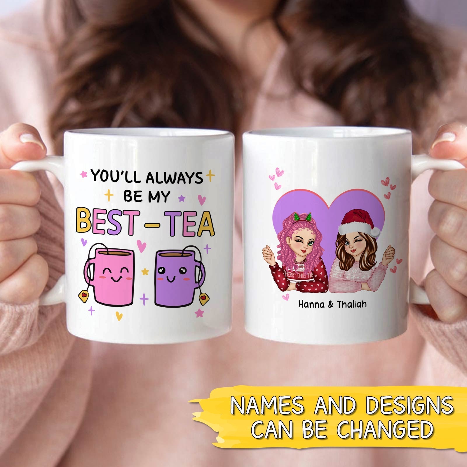Cute personalized best friend mug featuring custom names and playful designs for best friends
