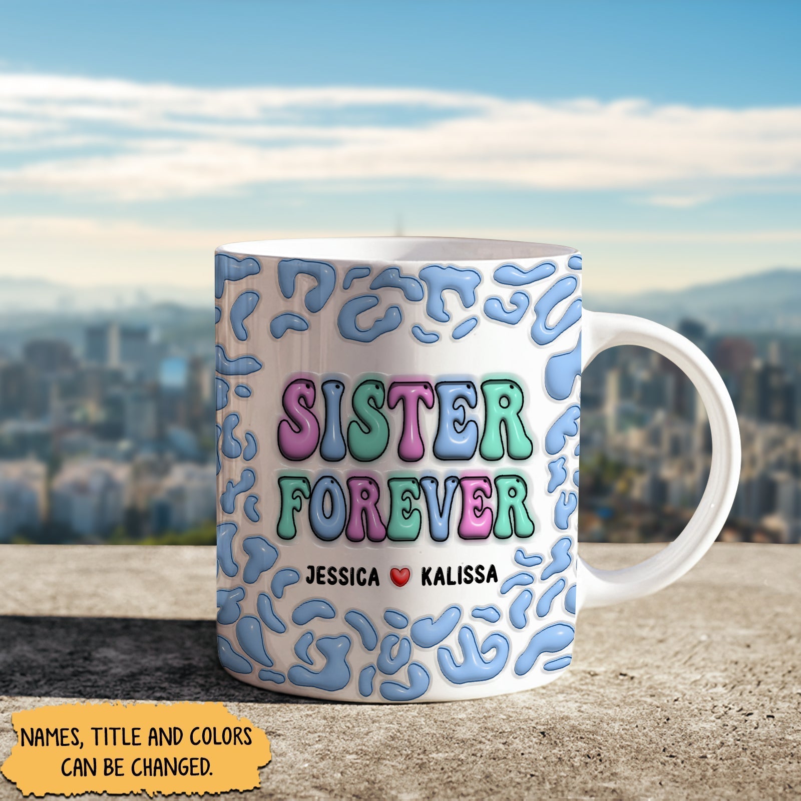 Personalized best friend mug featuring colorful text and customizable names for a special gift