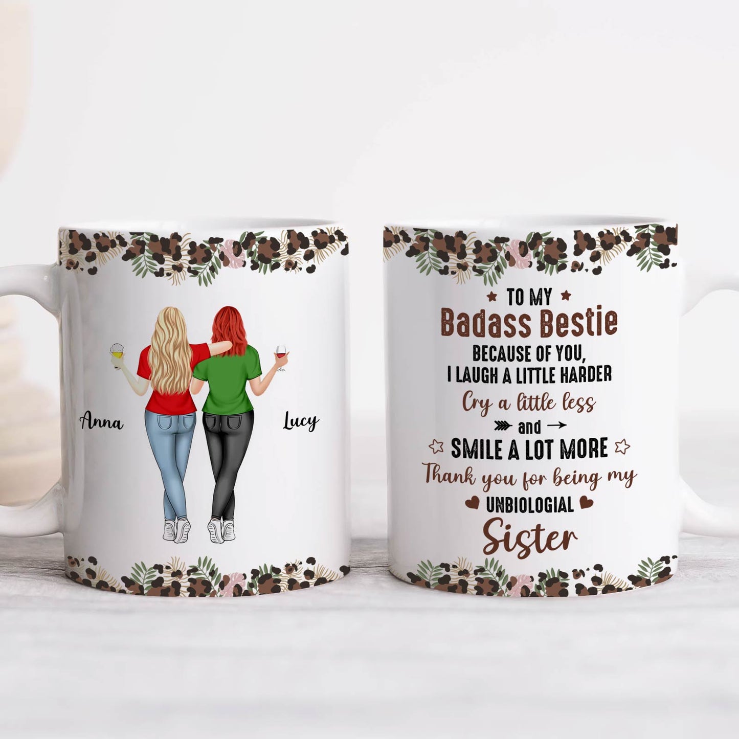 Personalized best friend mug featuring two women with custom names and a heartfelt message