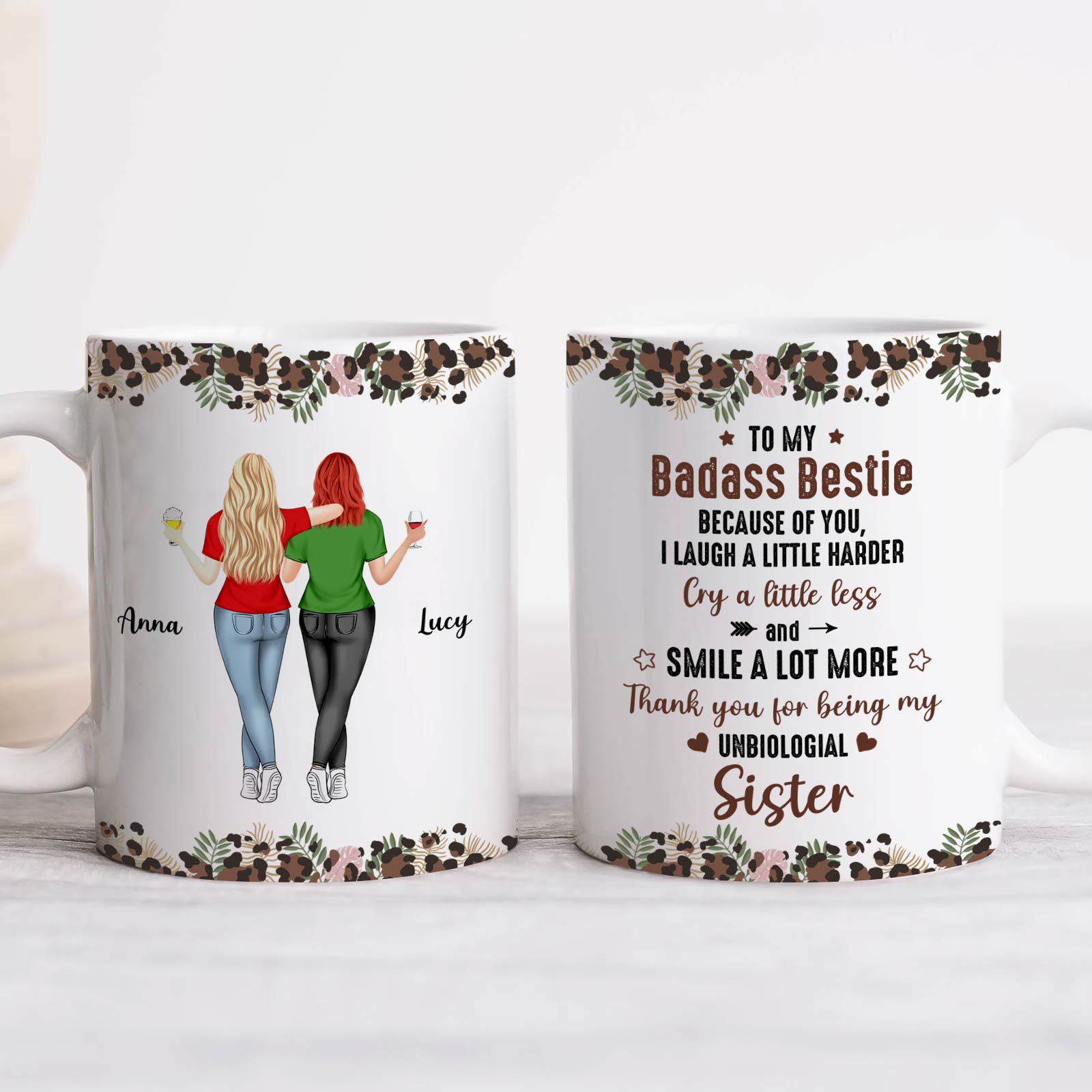 Personalized best friend mug featuring two women with custom names and a heartfelt message
